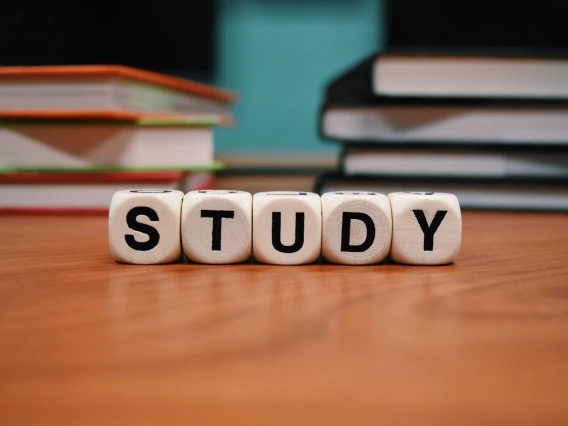 Alphabet blocks saying study with books behind