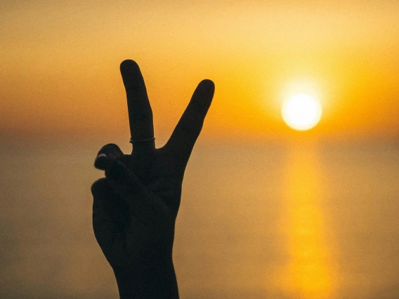 Silhouette of a hand doing the peace sign with sunset in the background.