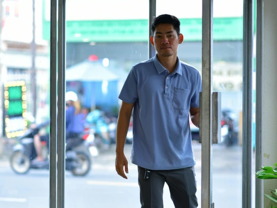 person walking through a door into a building