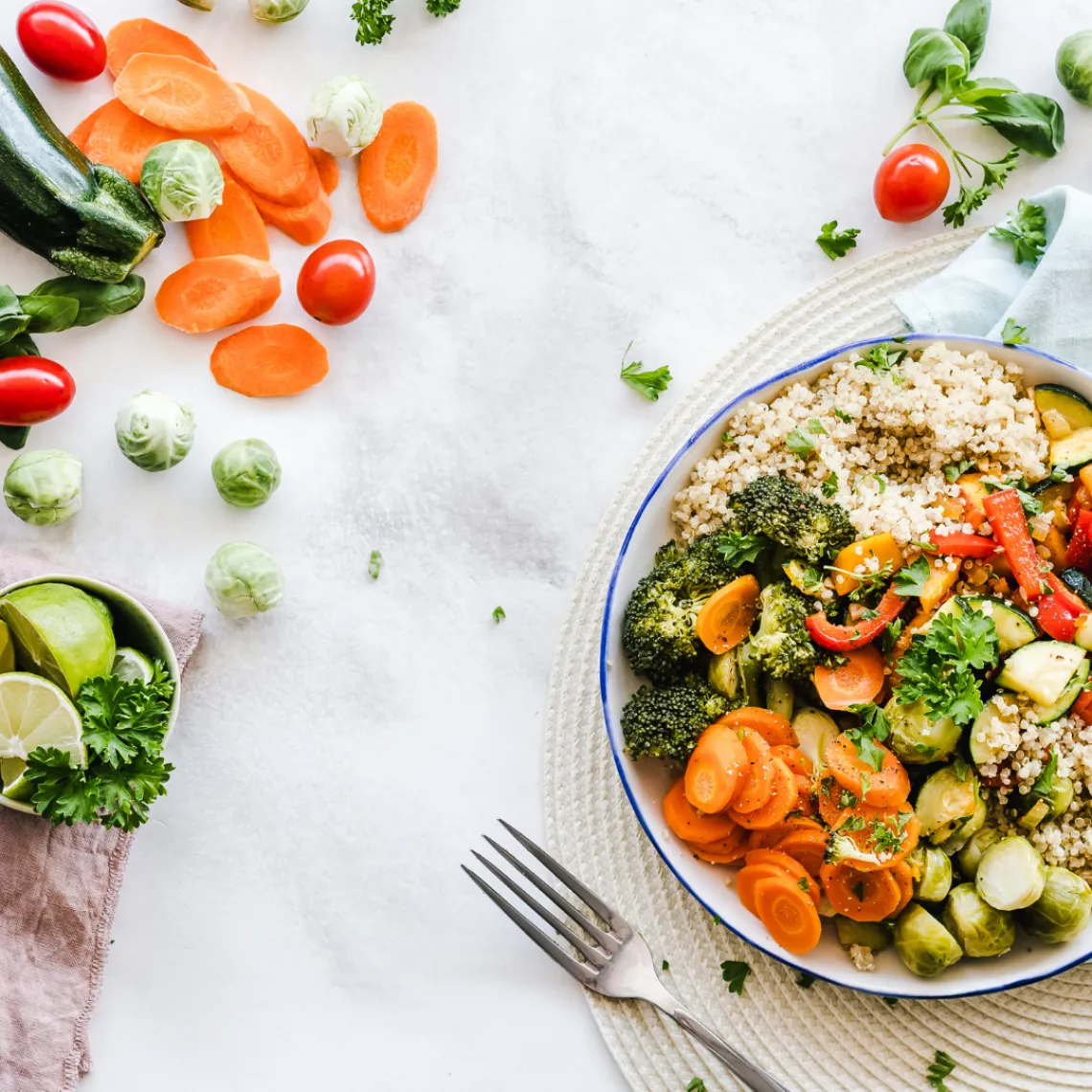 Healthy food and vegetables lying on a table