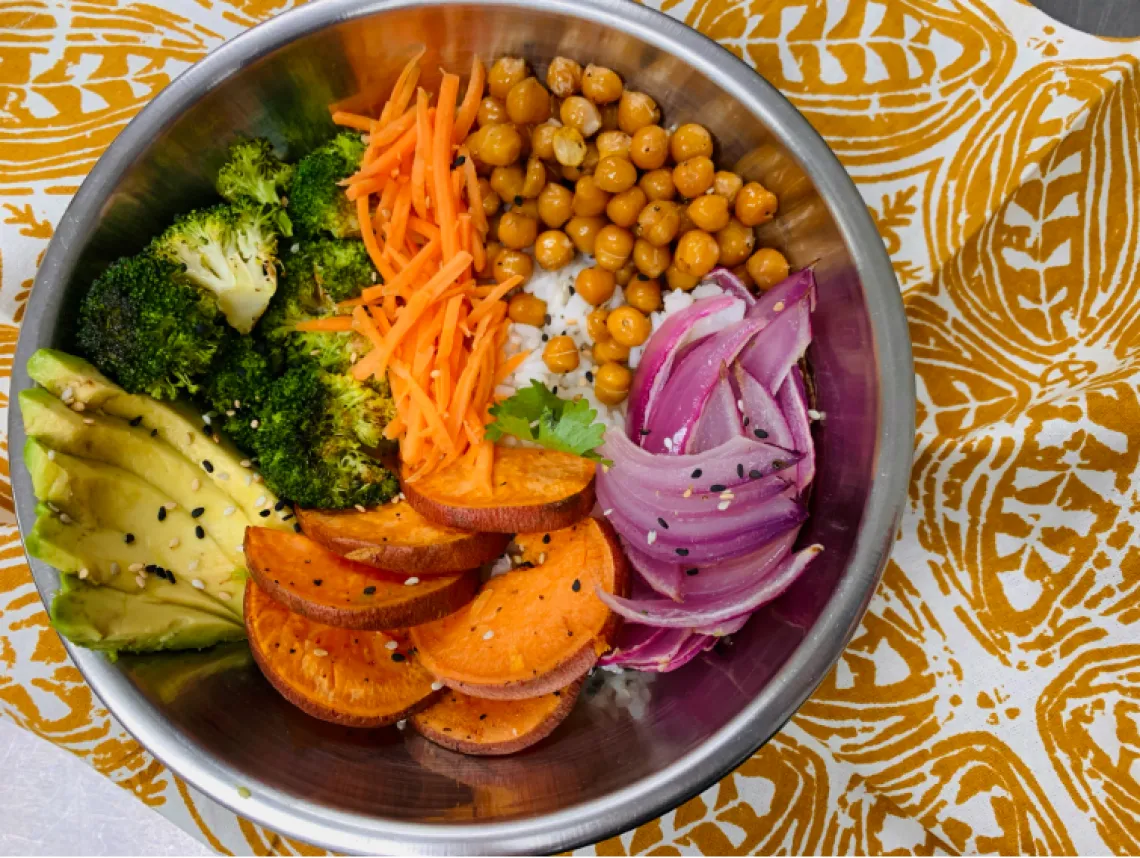 vegetables, chickpeas, and rice bowl