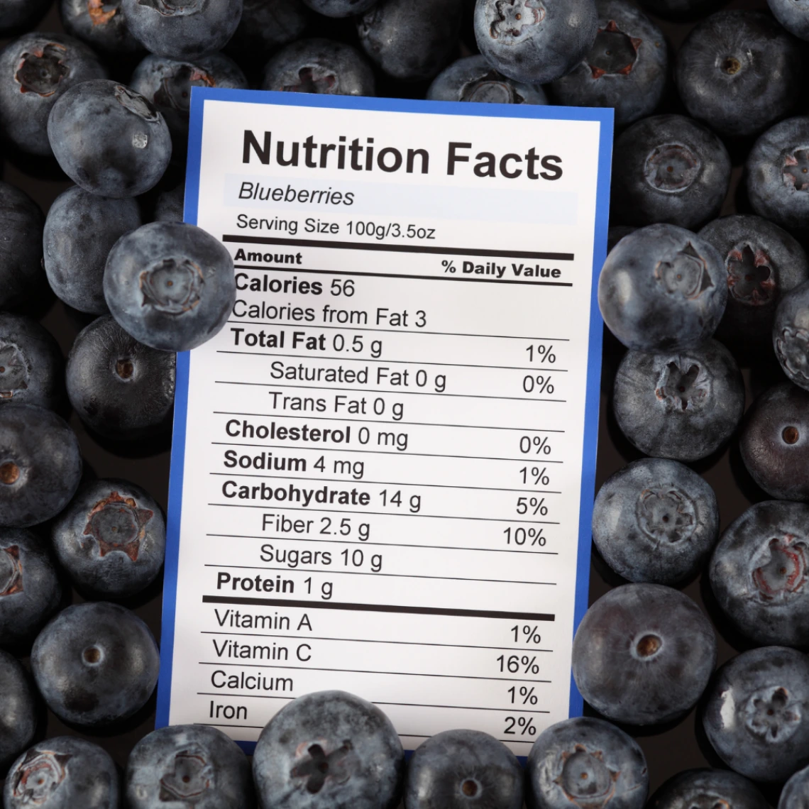 nutrition label surrounded by blueberries