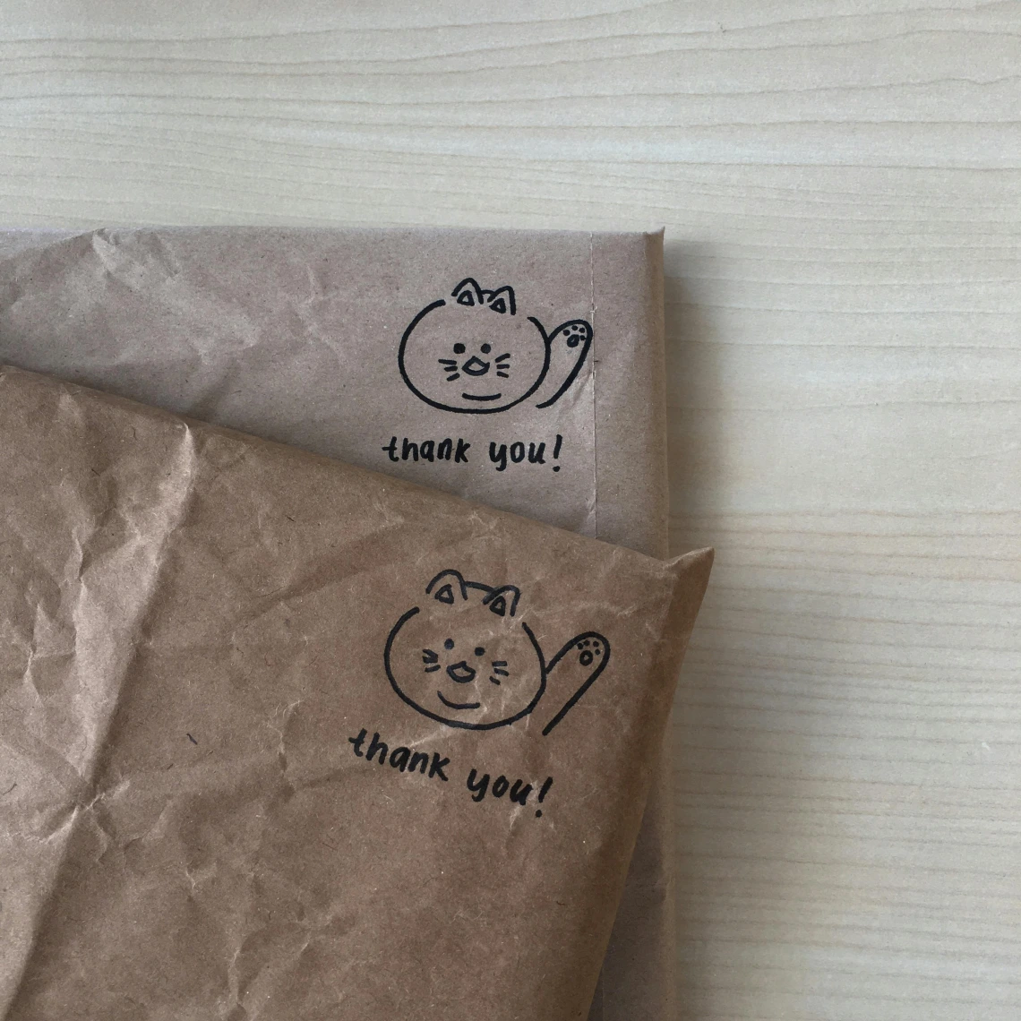 An illustration of cat saying, "Thank you" on a package wrapped in brown paper.