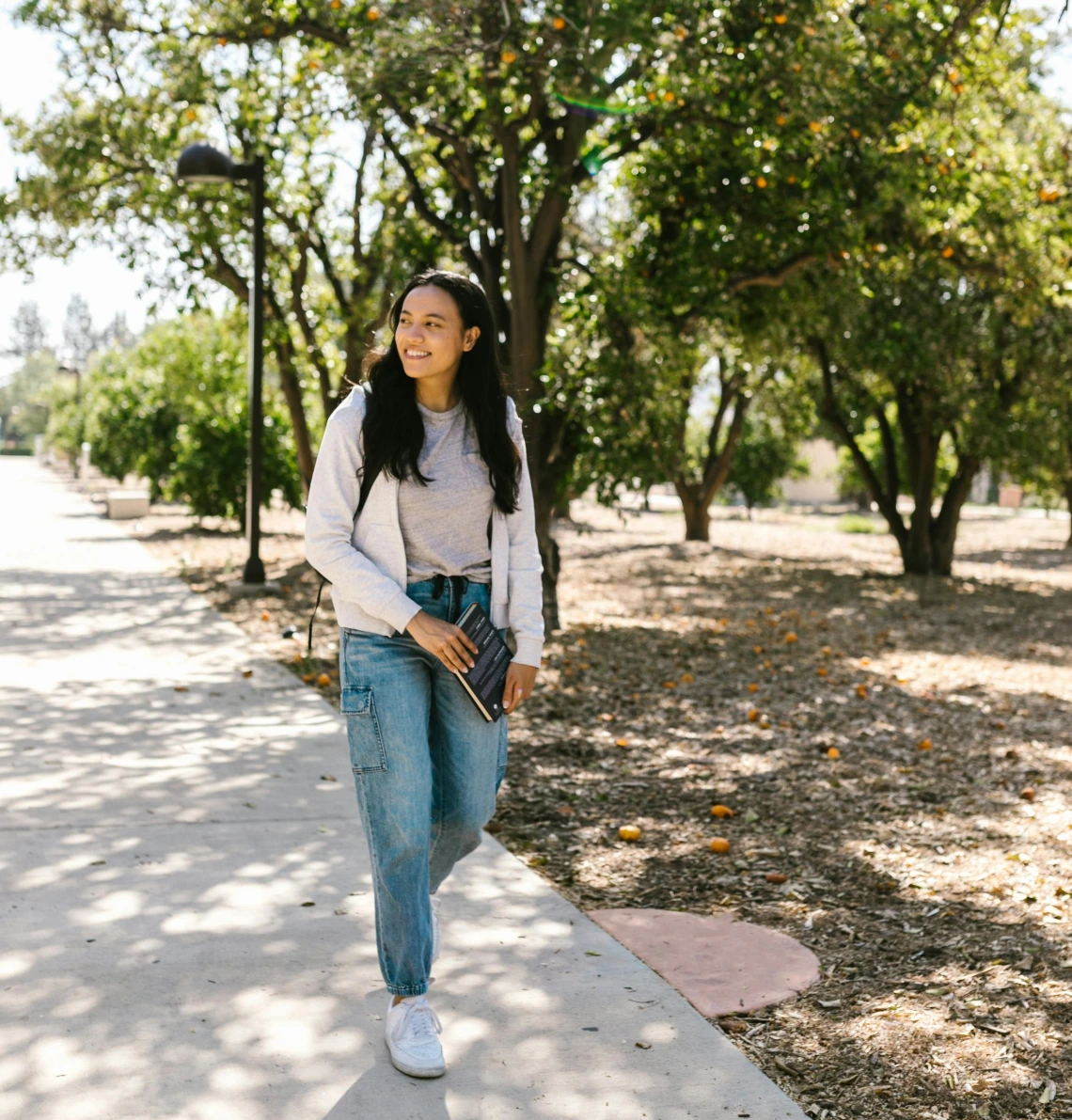 person walking on a sidewalk with orange trees in the background